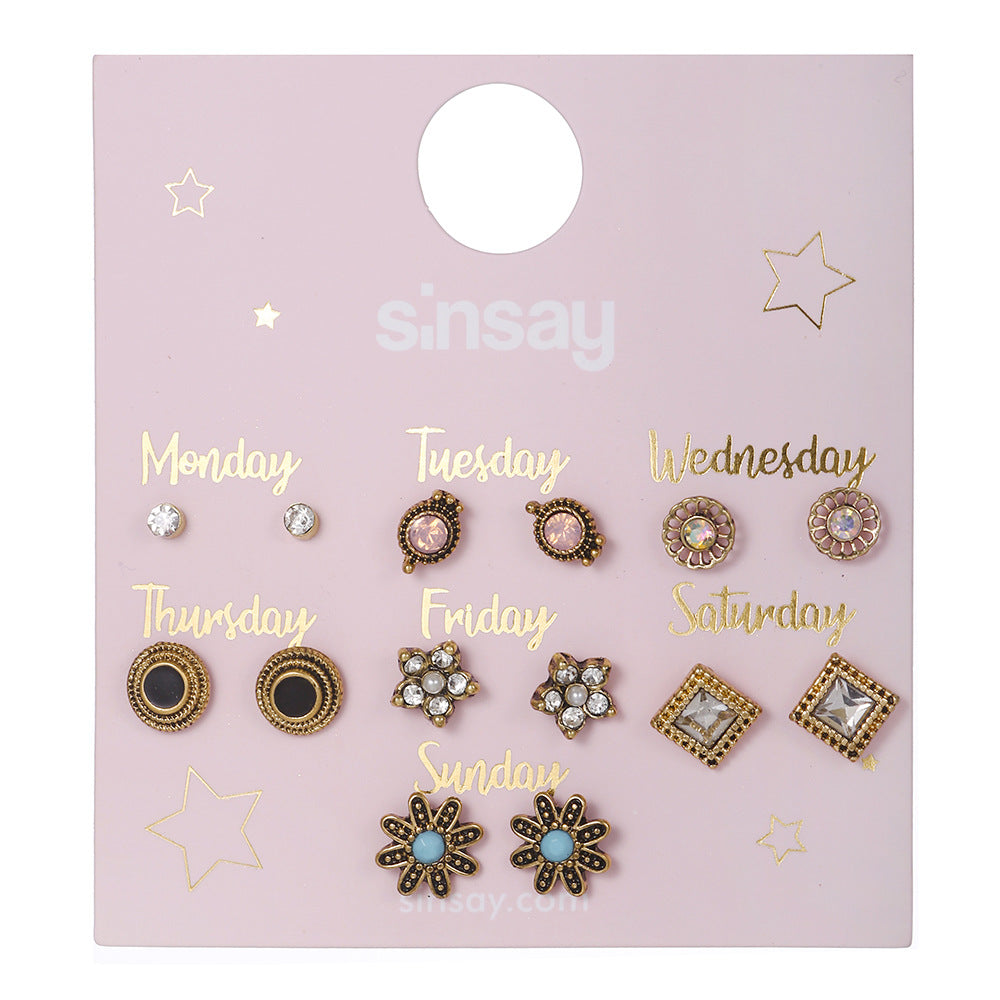 Sweet Geometric Heart Floral Alloy Stud Earrings with Rhinestone and Pearl Inlay for Unisex