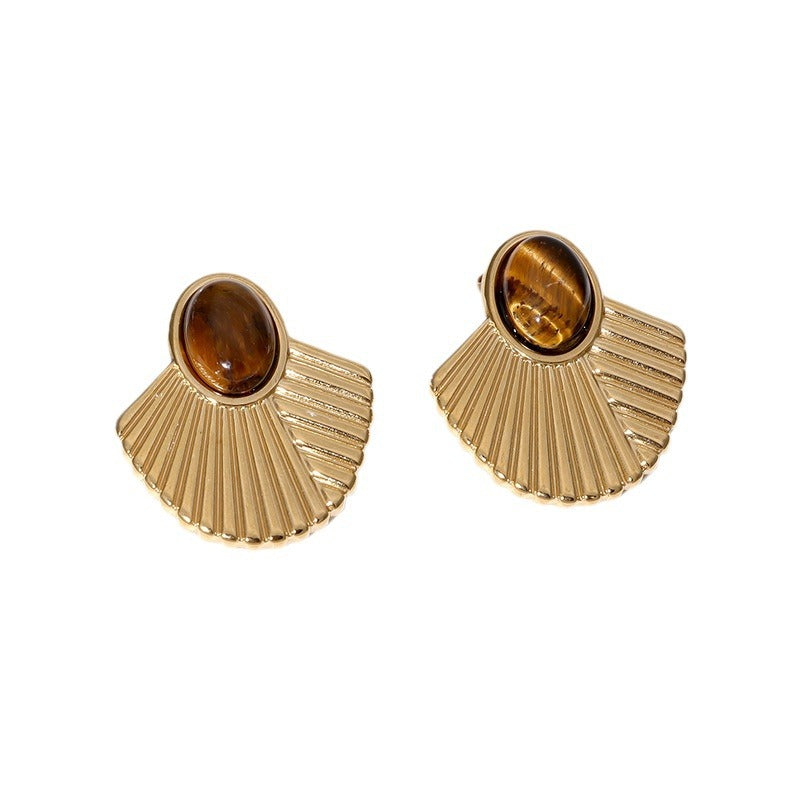 Orecchini a perno da donna in acciaio inossidabile placcato oro 18 carati con pietra naturale a forma di ventaglio, stile vintage francese geometrico