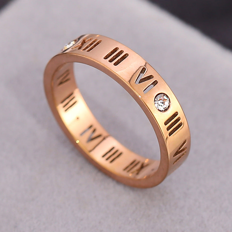 Anello con numeri romani geometrici unisex in acciaio al titanio placcato oro rosa 18 carati con intarsio in strass vintage
