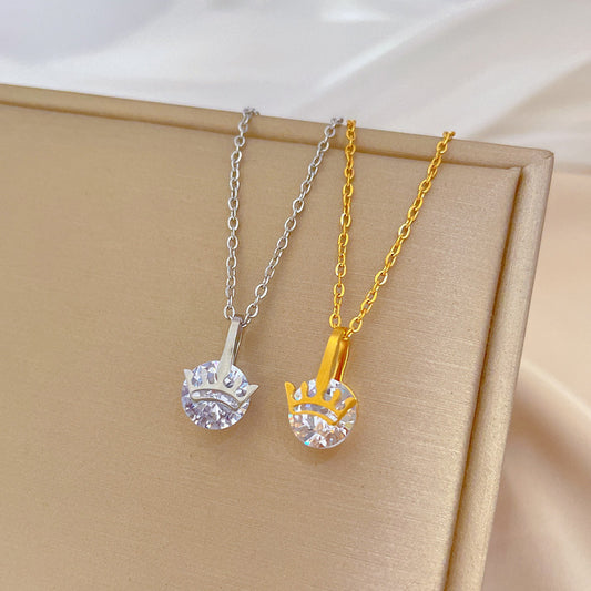 Minimalist Titanium Steel Crown-Shaped Rhinestone Pendant Necklace for Women Fashionable Clavicle Chain