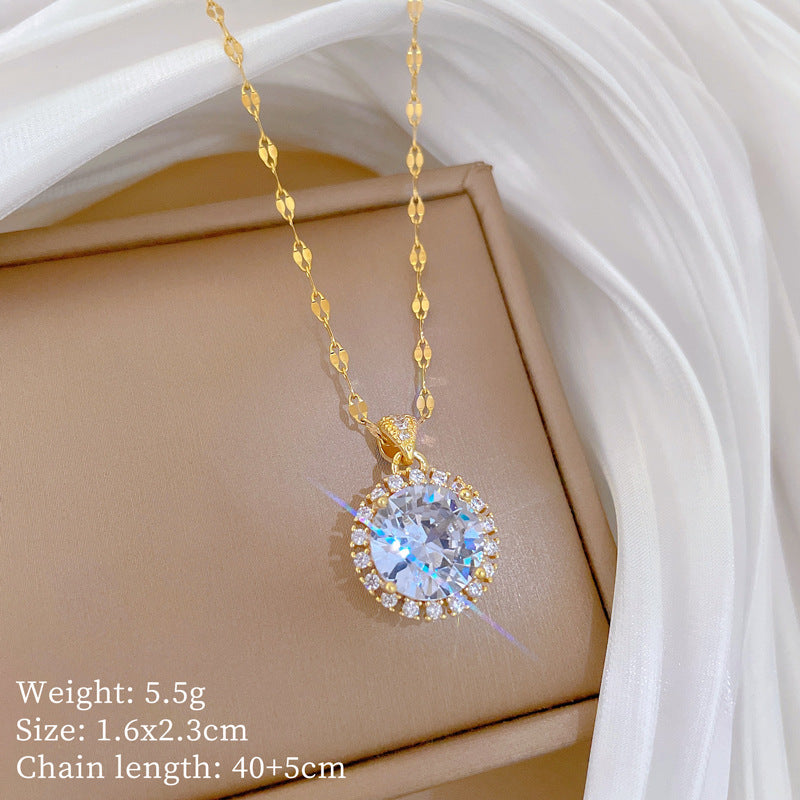 Sweet Round Geometric Titanium Steel Necklace with Micro-Inlaid Cubic Zirconia on Brass Pendant