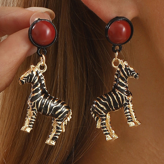 Pendientes de aleación con forma de cebra de estilo vintage con acabado de esmalte para mujer
