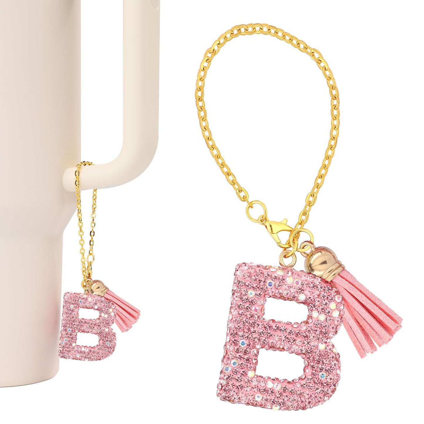 Minimalist Geometric Letter Ceramic Pendant with Gold Adjustable Chain Pink Tassel and Glitter Sequins