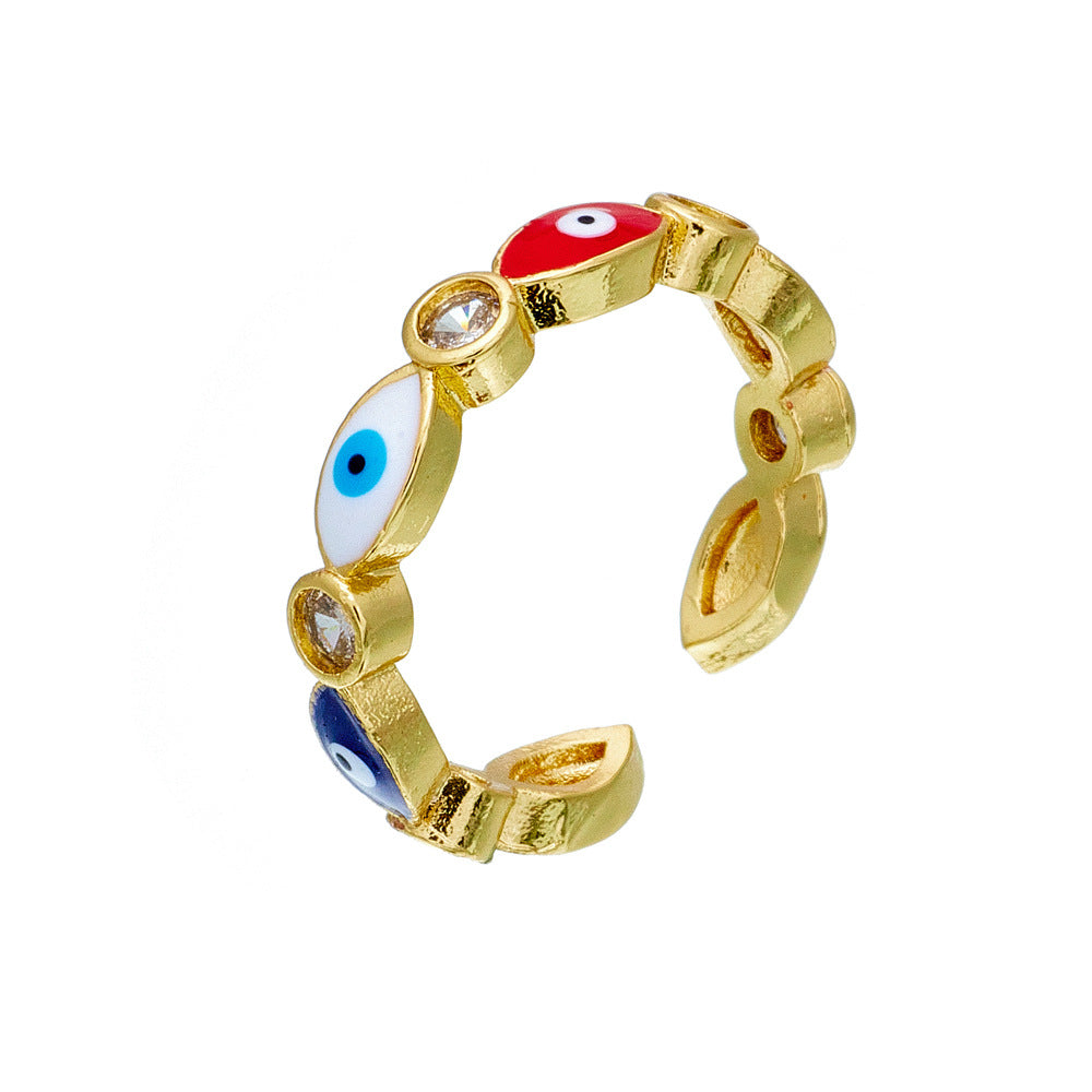 Anello Aperto con Occhio di Allah Geometrico Casual da Donna con Base in Rame Placcata in Oro 18 carati e Zirconia Micro-Incastonata con Finitura Smaltata
