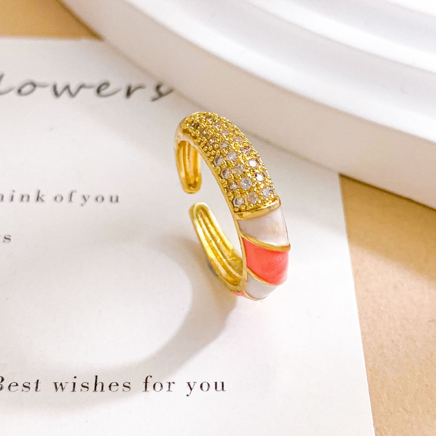 Minimalist Colorful Heart Drip Oil Gold Plated Brass Adjustable Ring for Women