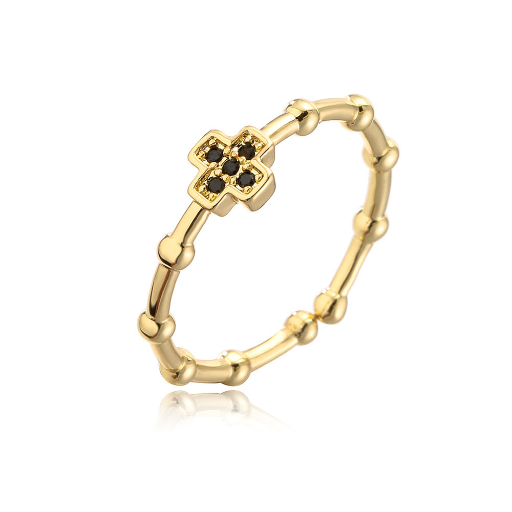 Minimalist Geometric Open Ring for Women with Copper Base Plated in 18K Gold and Micro-Paved Zirconia with Enamel Finish