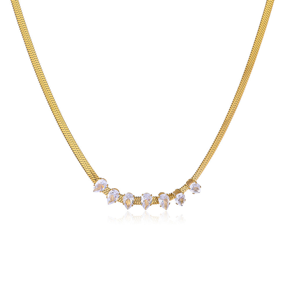 Collana Minimalista Geometrica in Acciaio Titanio da Donna con Intarsio di Zirconi, Catena per Clavicole alla Moda
