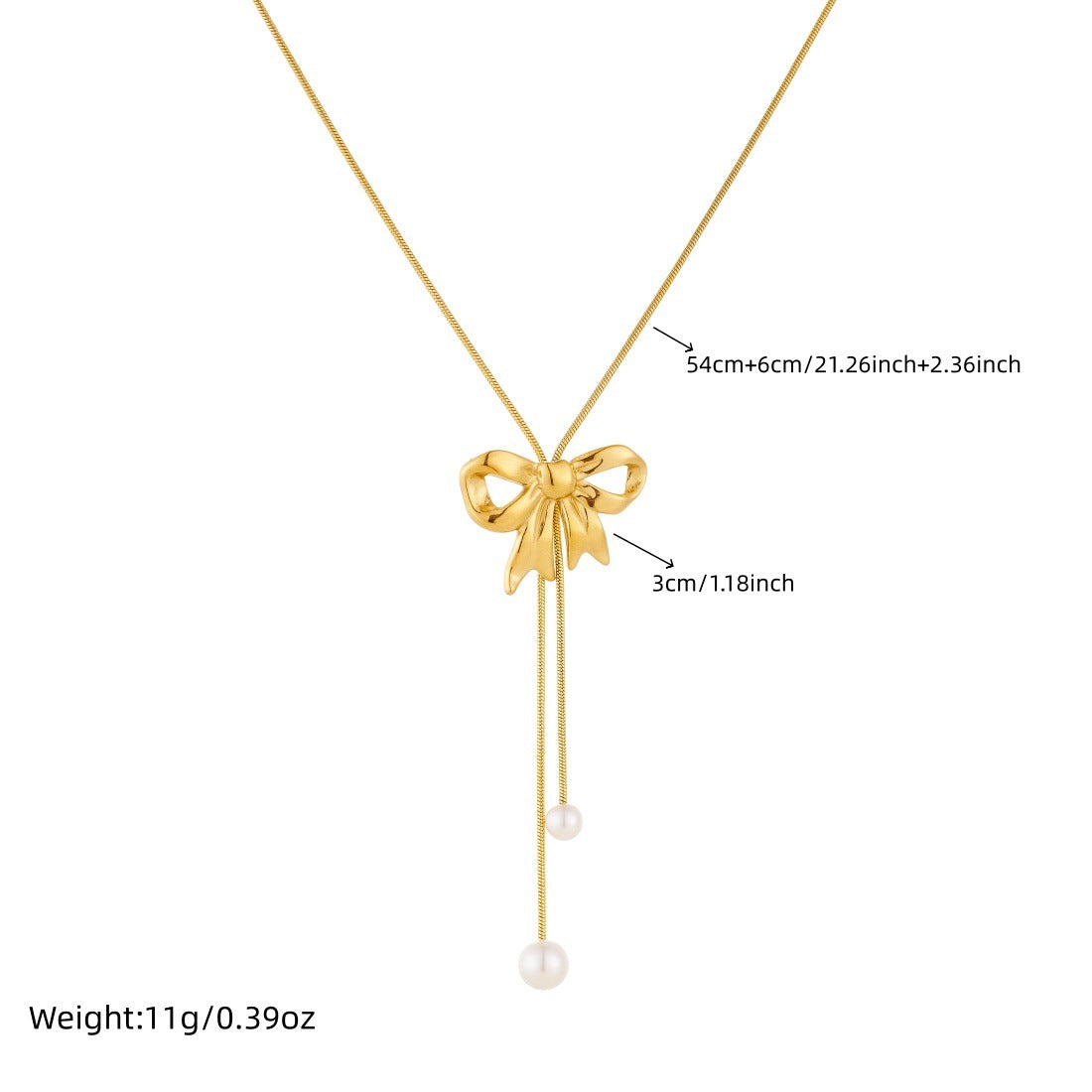 Gold Plated Bow Pearl Tassel Stainless Steel Snake Chain Necklace