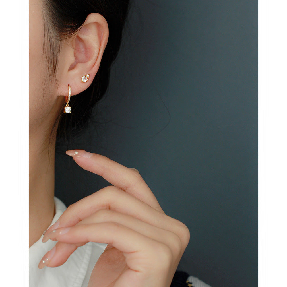 Minimalist Sweet 925 Sterling Silver Geometric Round Inlaid Cubic Zirconia Diamond Stud Earrings for Women