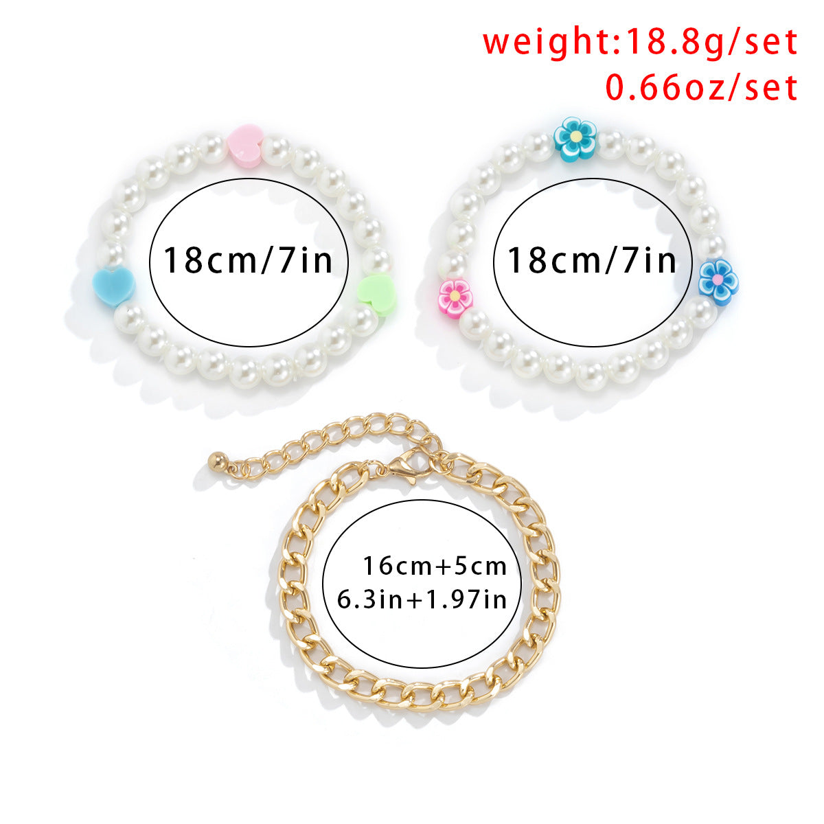Vintage Bohemian Heart Daisy Acrylic Resin Imitation Pearl Beaded Bracelet Set for Women