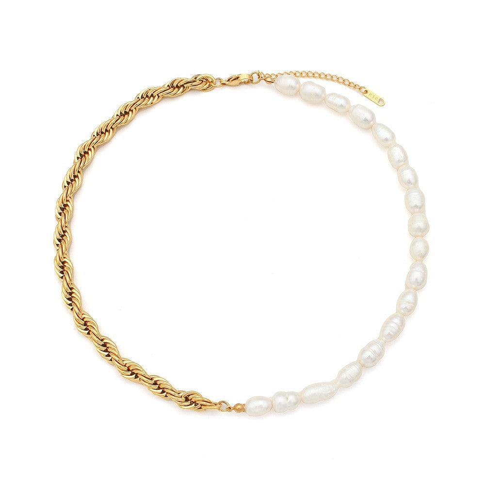 Minimalist Geometric Pearl Pendant Necklace and Bracelet Set in Titanium Steel with Plated Finish for Women