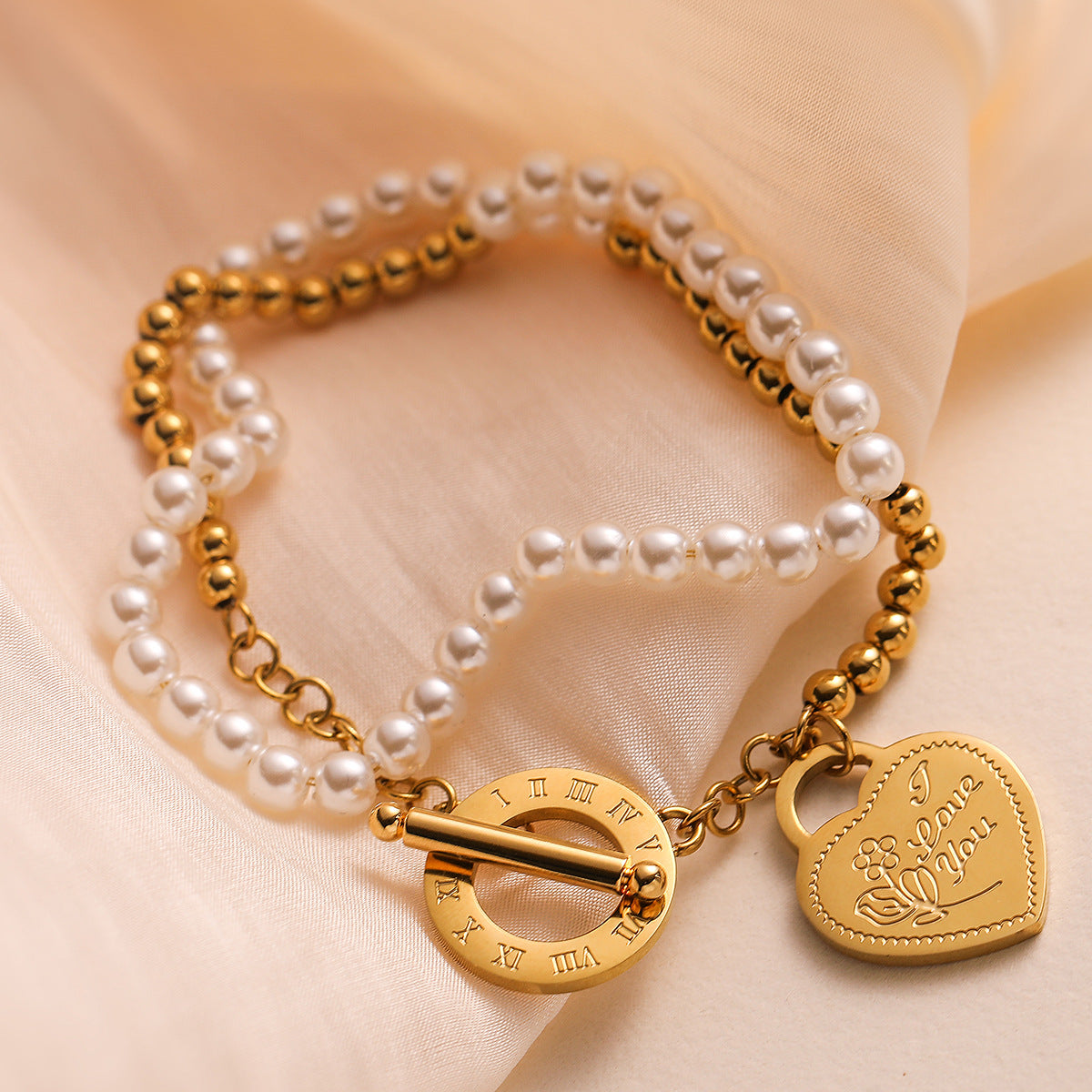 Vintage Heart-Shaped Plated 18K Gold Stainless Steel Pearl Bracelet for Women Fashionable Double Loop Wristband