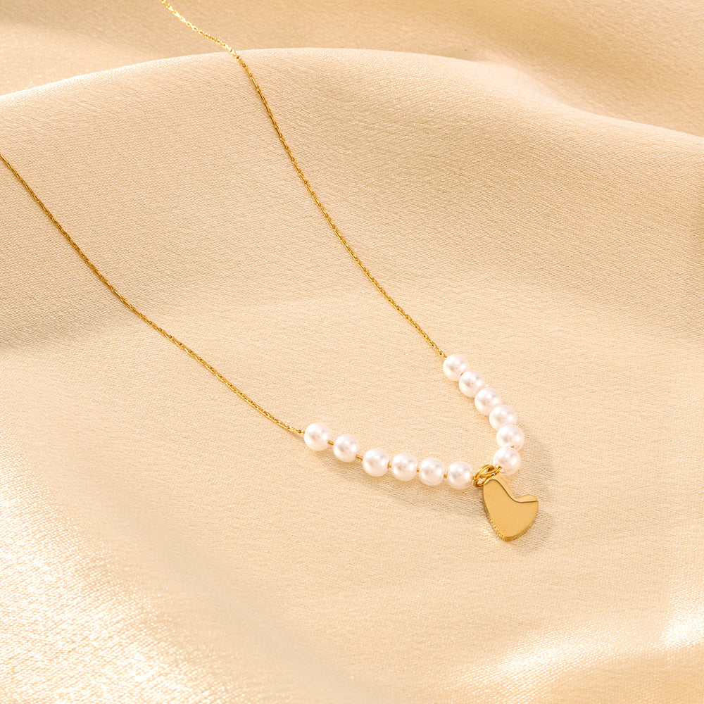 Minimalist Pearl Heart Pendant Necklace in Titanium Steel with 18K Vacuum Plated Finish for Women