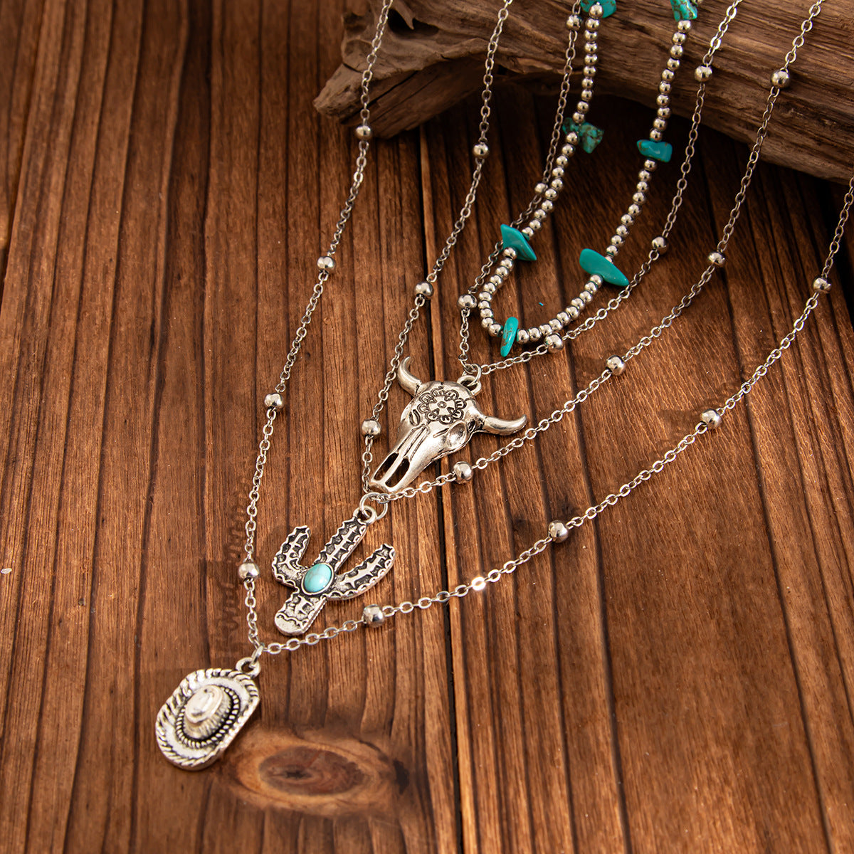 Vintage Bohemian Geometric Alloy Plated Pendant Tassel Layered Necklace for Women
