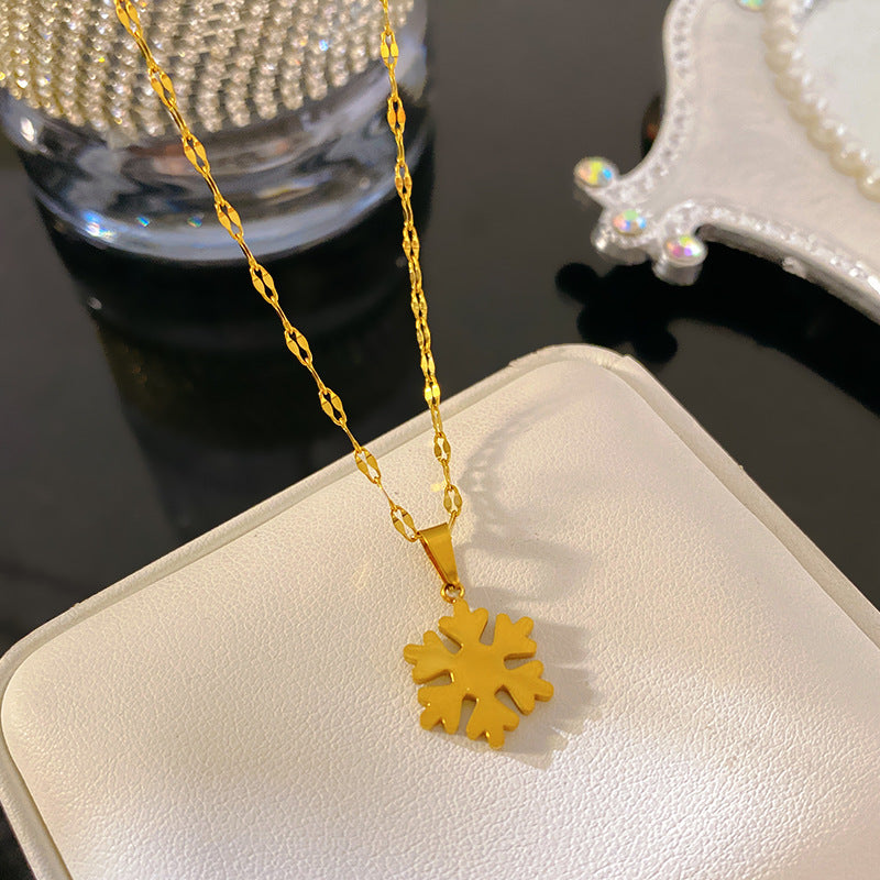 Layered Floral Geometric Hollow Snowflake Clover Pendant Plated Titanium Steel Necklace for Unisex