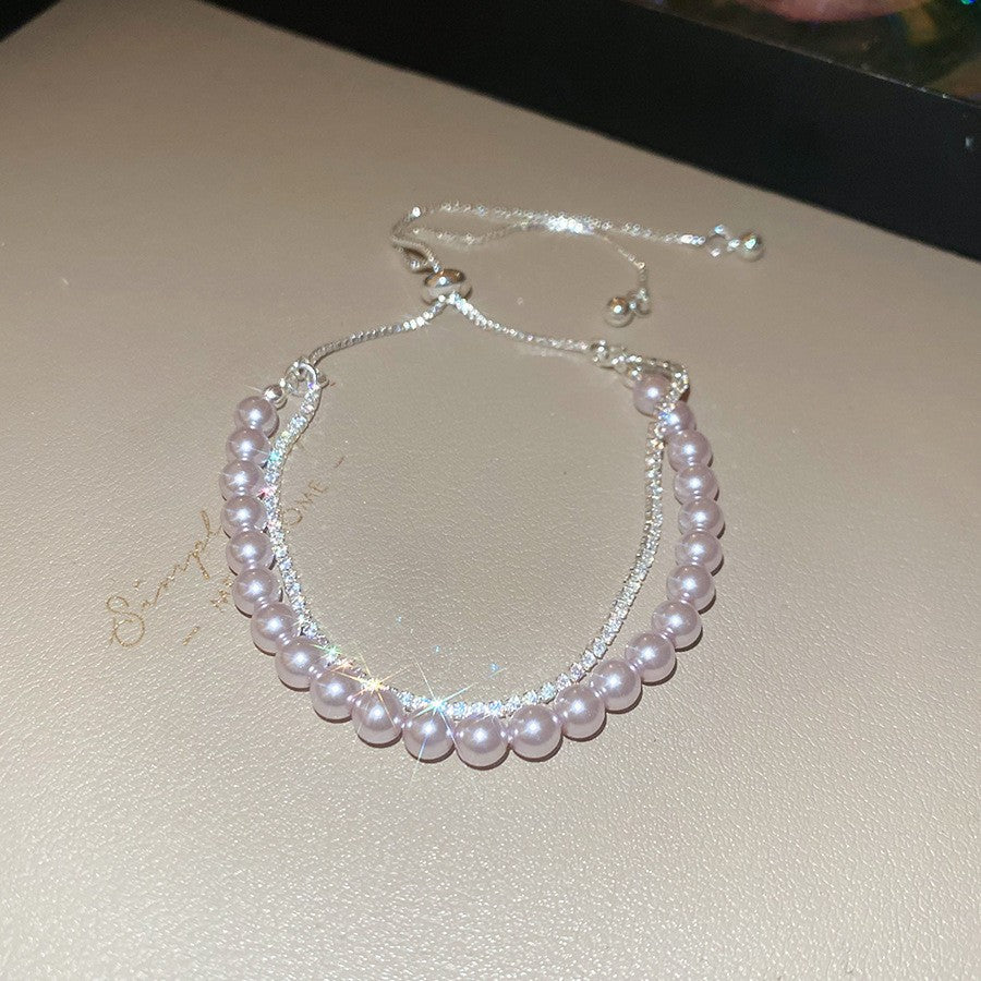 Elegante pulsera geométrica de perlas para mujer con detalles de pedrería, acabado chapado, estilo minimalista para oficina, joyería de lujo para uso diario