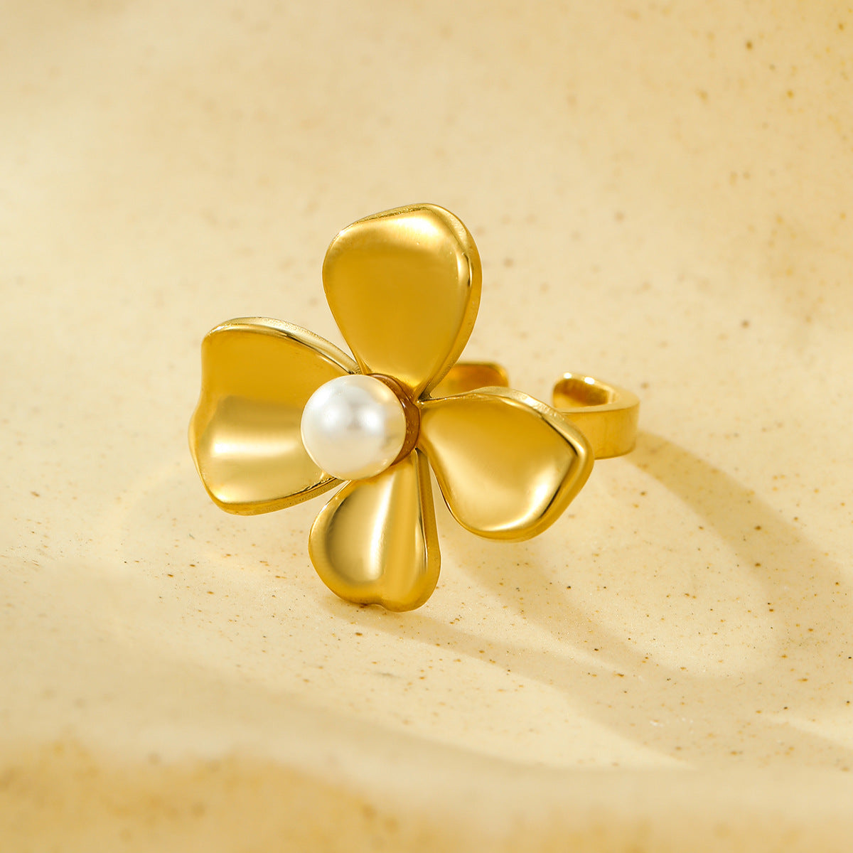 Anillo abierto de acero inoxidable con forma de flor y acabado chapado, de moda para mujer