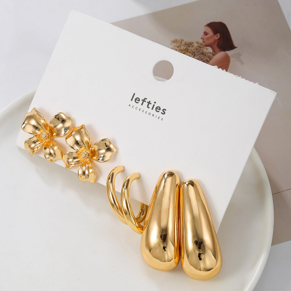 Vintage Floral Geometric Round Alloy Plated C-Shape Earrings Set