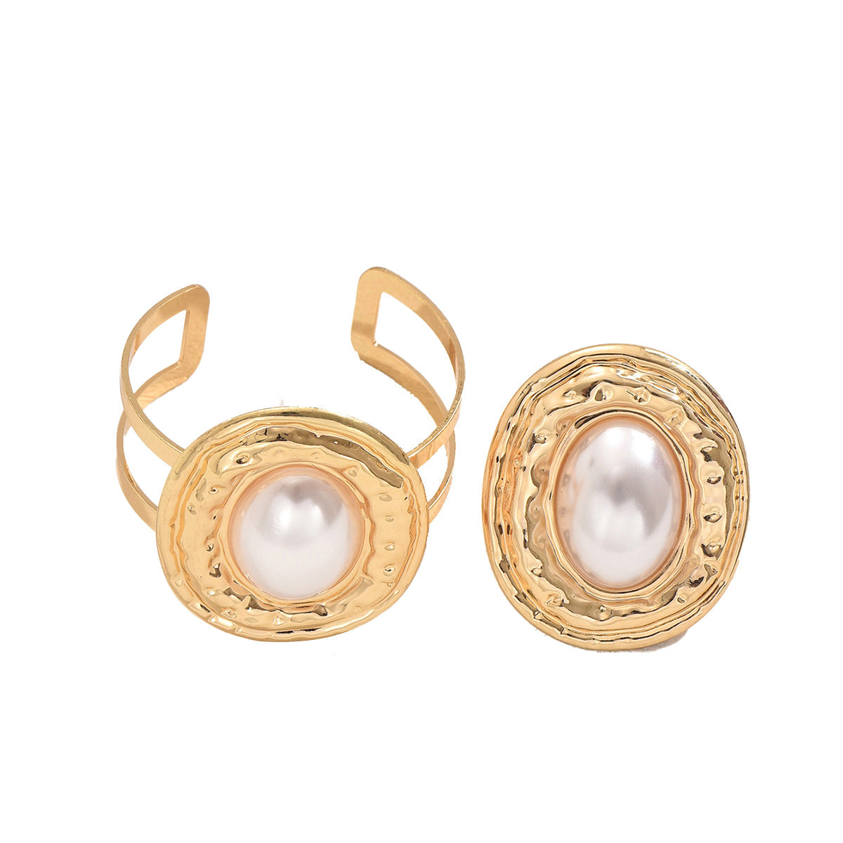 Conjunto de pulsera y anillo de aleación de zinc de moda para mujer con incrustaciones de perlas, formas geométricas circulares, ovaladas y de anillo
