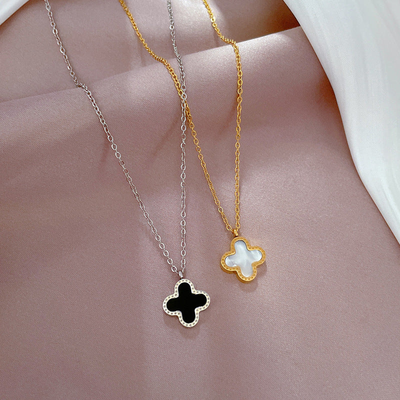 Floral Geometric Titanium Steel Collar Chain Necklace for Women with Mother-of-Pearl and Gold Plating