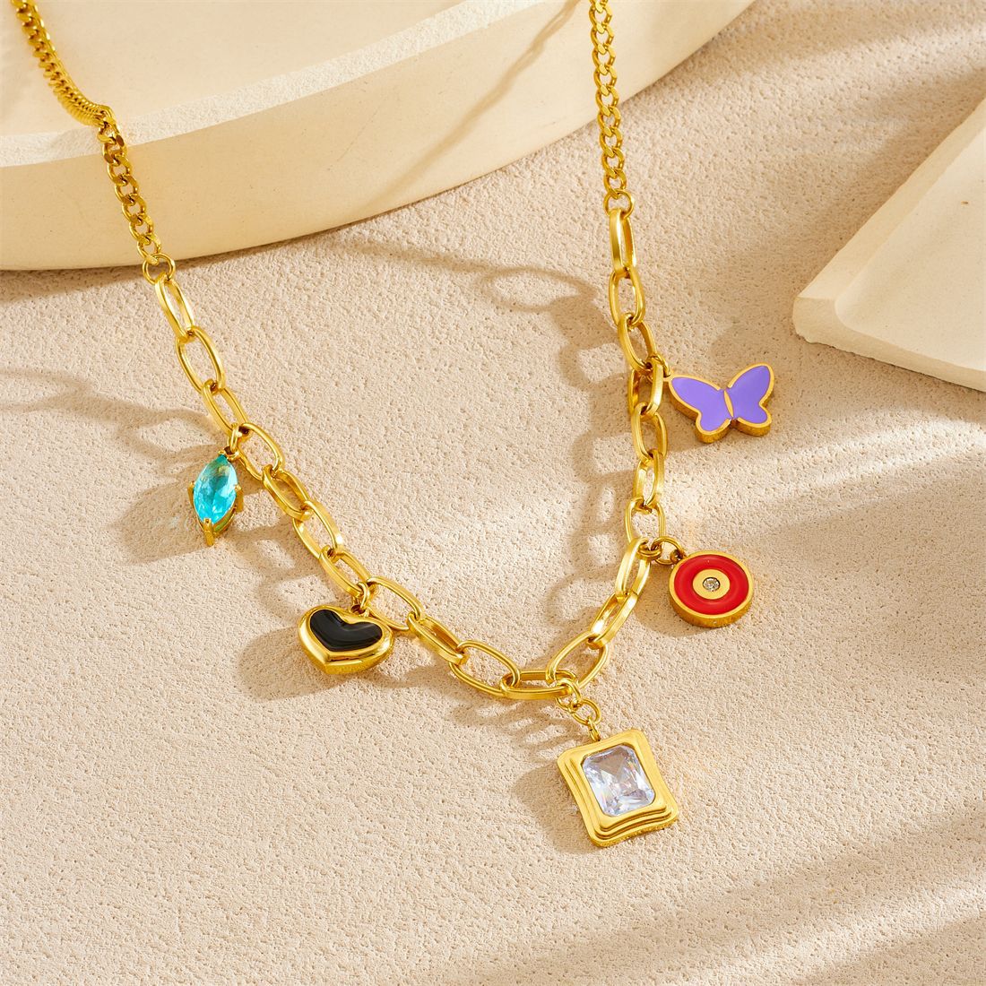 Geometric Drip Oil Gold Plated Stainless Steel Bowknot Necklace for Women