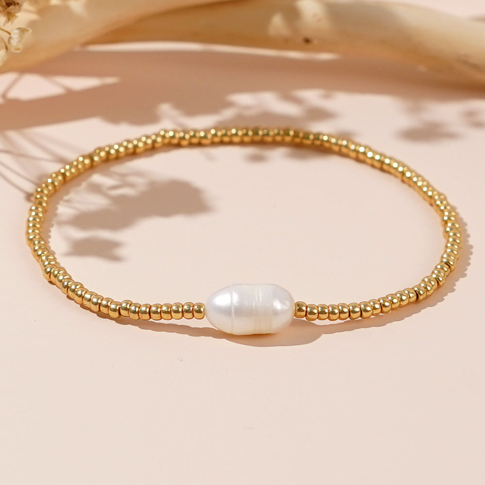 Sweet Geometric Oval Pearl Ball Chain Bracelet for Women