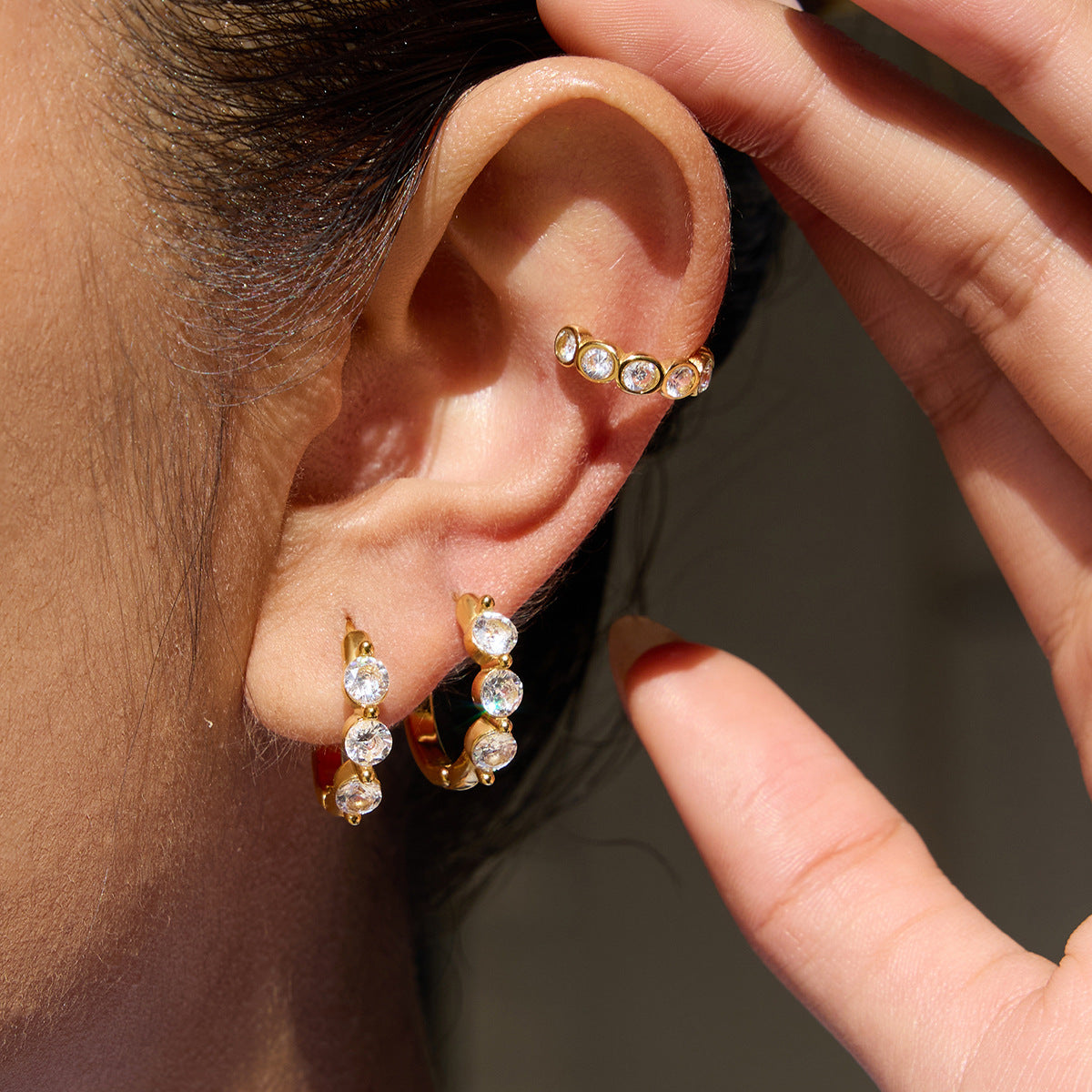 Elegant Geometric Stainless Steel Gold Plated Hoop Earrings with Cubic Zirconia for Women