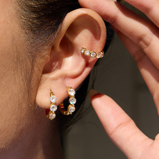 Elegant Geometric Stainless Steel Gold Plated Hoop Earrings with Cubic Zirconia for Women
