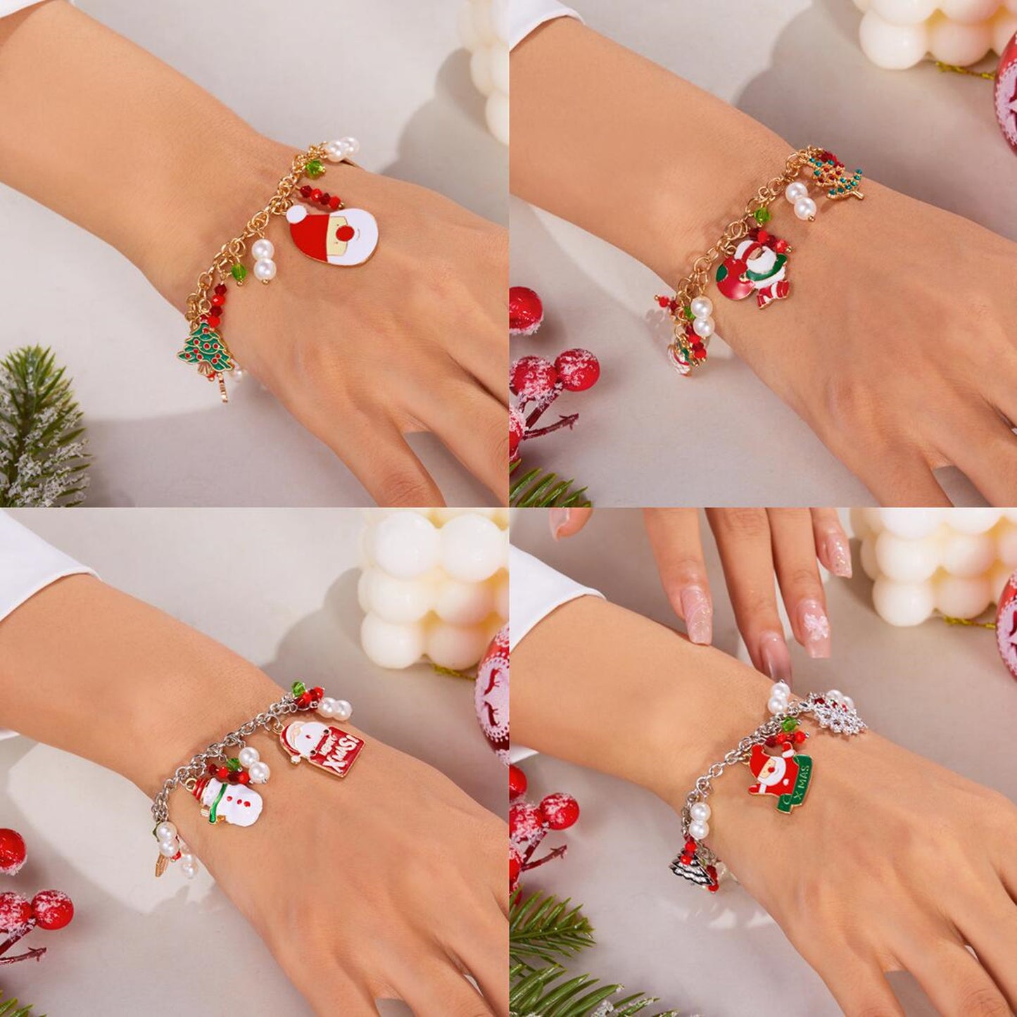 Pulsera creativa con temática navideña para mujer con dijes de Papá Noel, alces y árbol de Navidad en cadena de aleación de hierro con detalles de perlas y cristales.