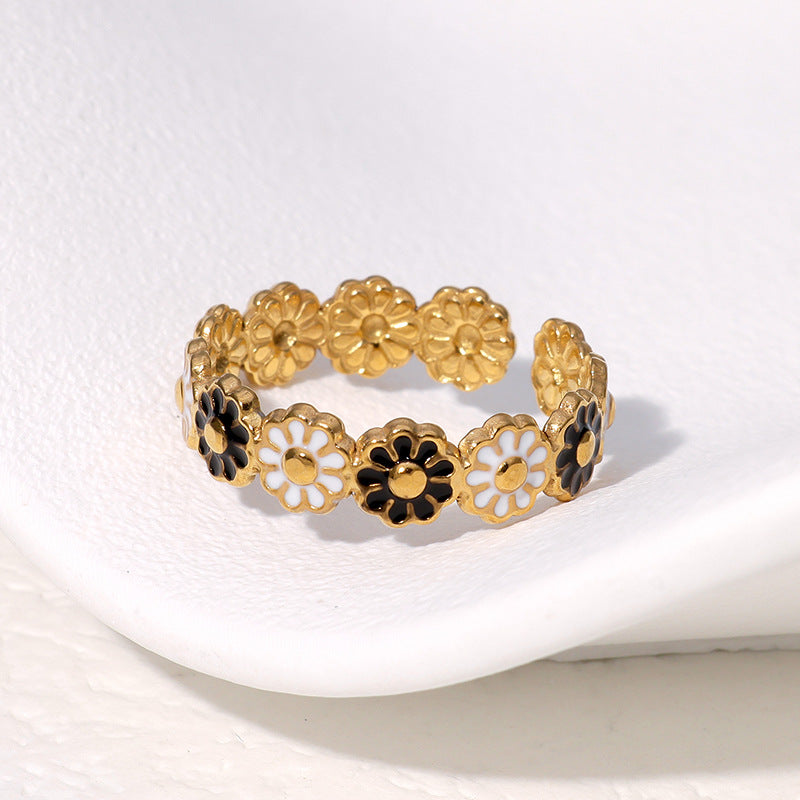 Anello margherita floreale in acciaio inossidabile con finitura placcata da donna, anello regolabile aperto in stile minimalista alla moda