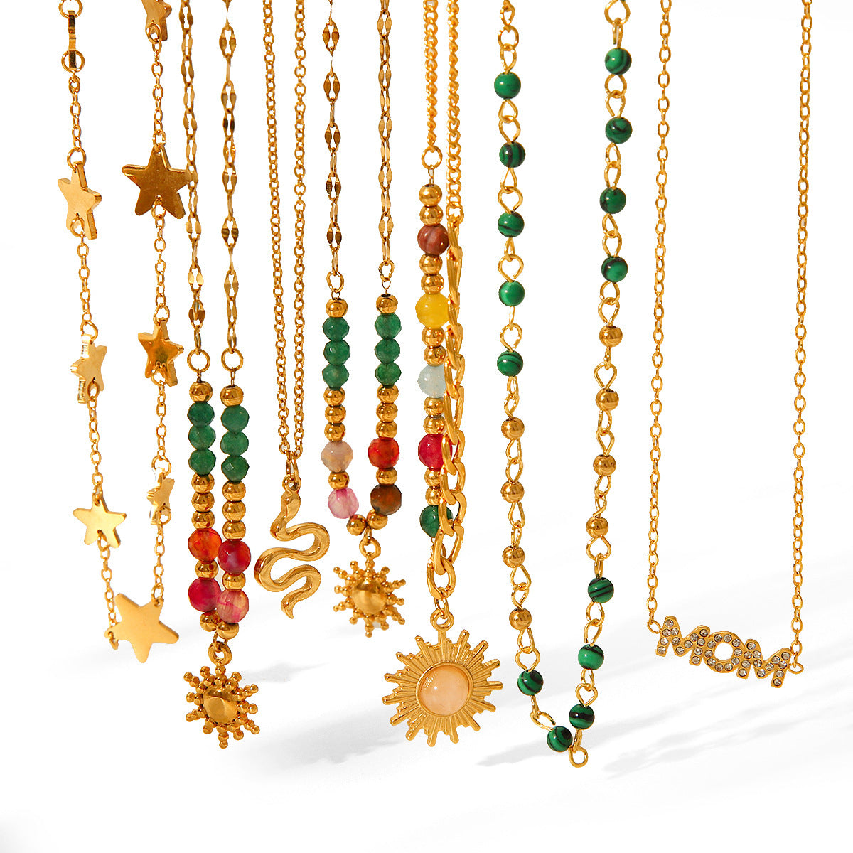 Collar Colgante Geométrico Minimalista de Sol y Estrella para Mujer en Acero de Titanio con Baño de Oro de 18K en Cadena de Acero Inoxidable