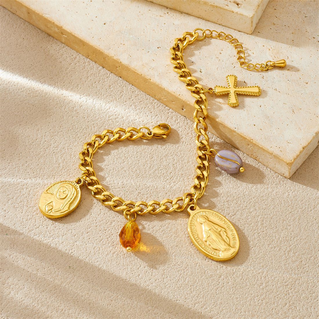18K Gold Plated Oval Cross Relief Pendant Stainless Steel Serpentine Chain Jewelry Set for Women