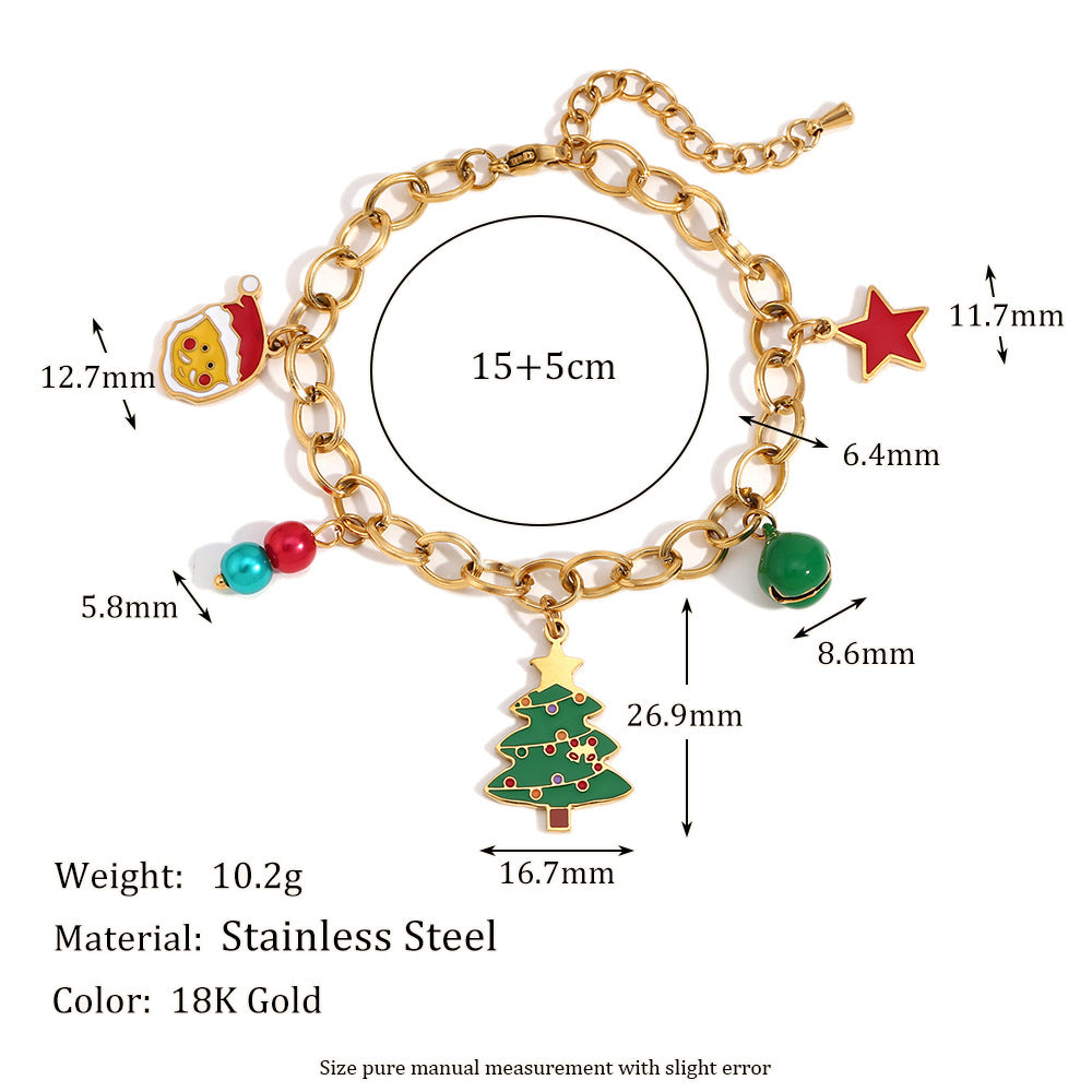 Bracciale con ciondolo a campana a forma di albero di Natale alla moda per donna, in acciaio inossidabile placcato oro 18 carati, catena fatta a mano