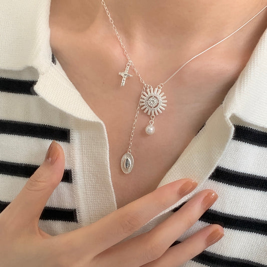 Sweet Geometric Sun Goddess Asymmetric 925 Sterling Silver Plated Necklace with Ball Chain