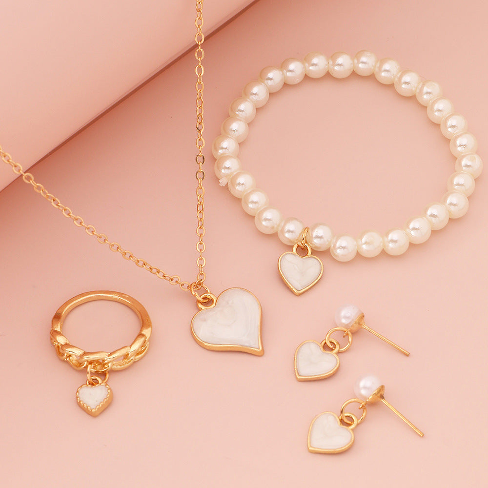 Conjunto de Collar, Pulsera y Pendientes con Cadena de Serpiente de Aleación con Forma de Corazón Tono Frío Minimalista con Acentos de Perlas para Niñas