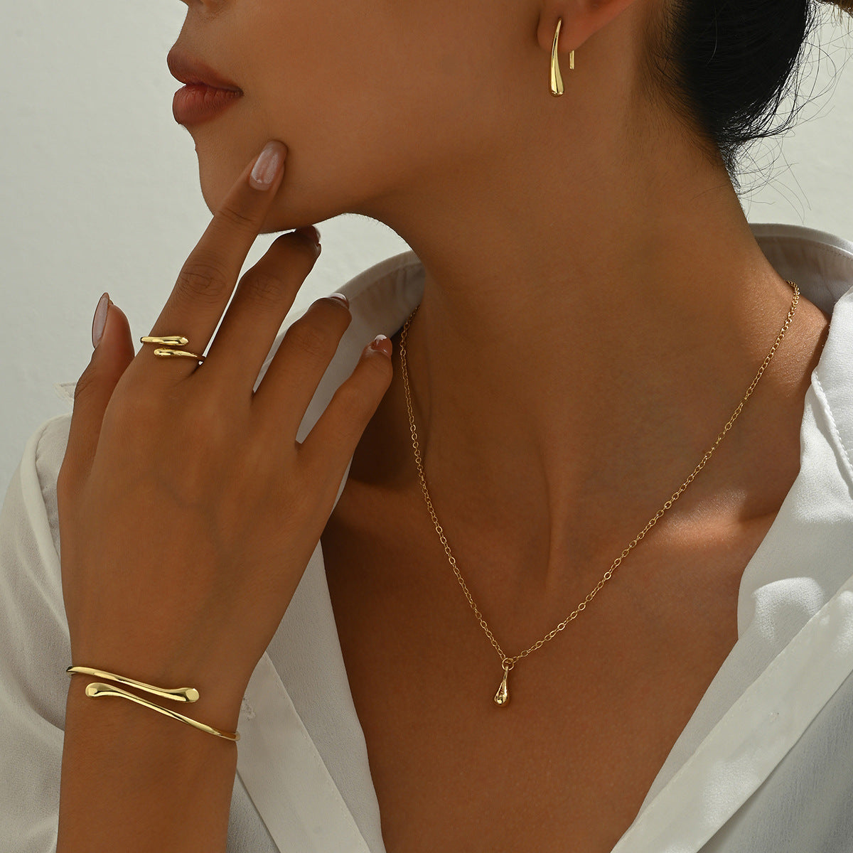 Juego de joyas minimalistas de gota de agua dulce y forma geométrica chapado en cobre para mujer, incluye pendientes, collar y pulsera ajustable.