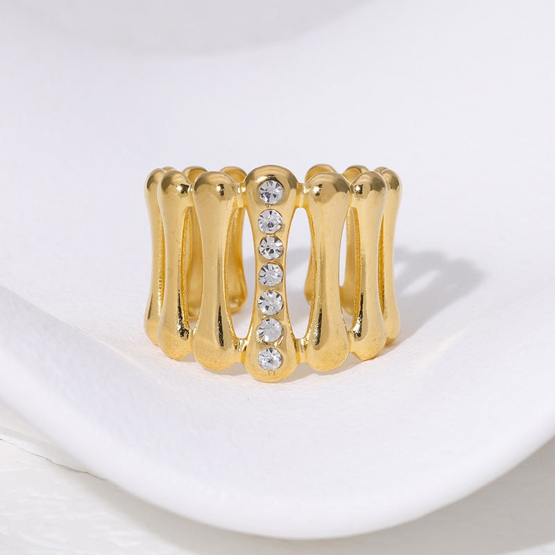 Minimalist Geometric Stainless Steel Open Ring for Women with 18K Gold Plating and Rhinestone Inlay