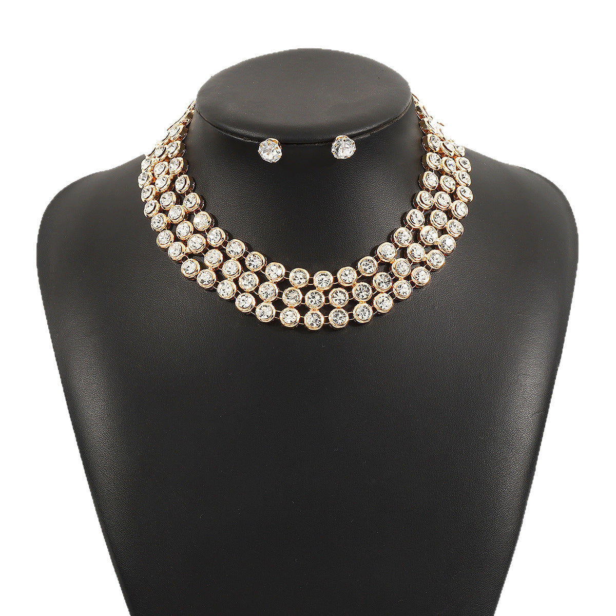 Collana girocollo e orecchini di lusso con perle e strass geometrici rotondi, con lavorazione a intarsio
