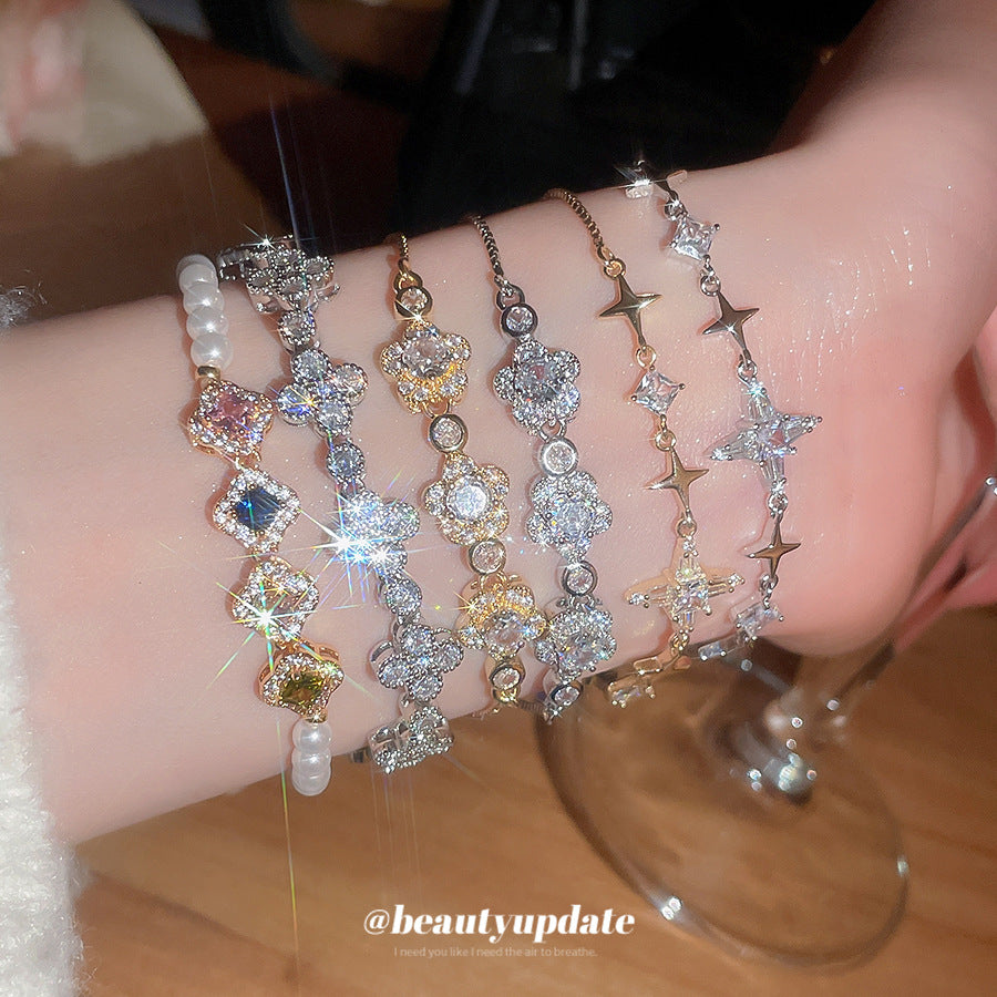 Bracciale in Rame con Zirconi a Forma di Fiore e Stella, Lussuoso, da Donna, dallo Stile Elegante per Ogni Giorno