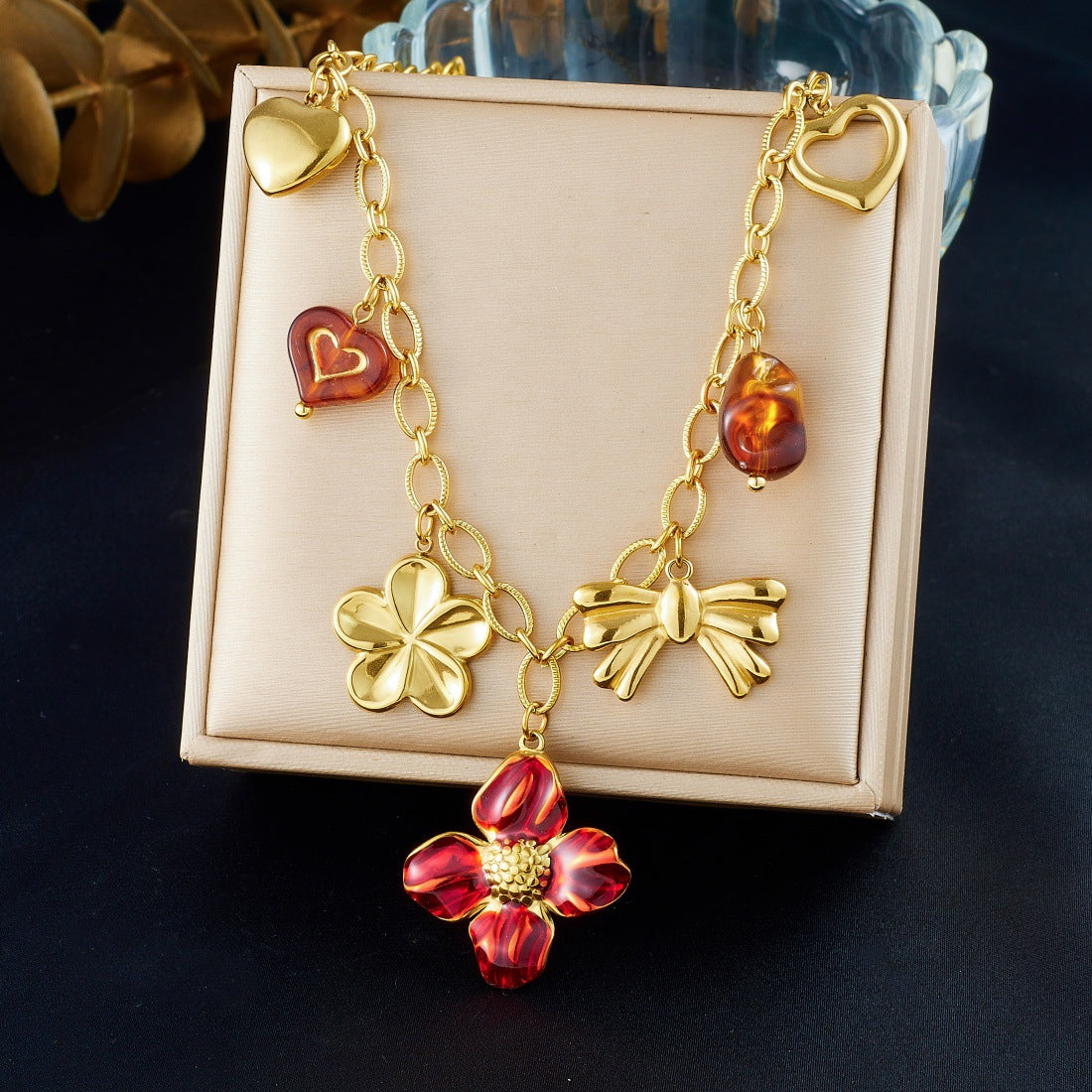 Vintage Gold Plated Drip Oil Floral Heart Stainless Steel Necklace for Women
