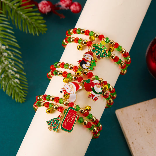 Fashion Christmas Tree and Santa Bracelet for Women with Red and Green Crystal Beads on Alloy Chain