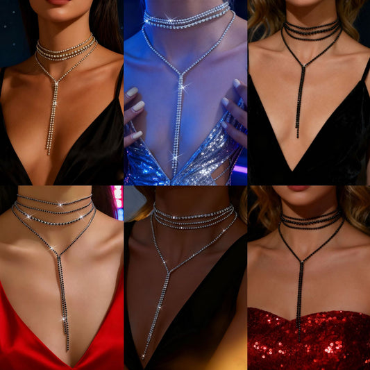 Elegante collar en Y de aleación chapada con diamantes de imitación geométricos y cadena de borlas de varias capas para mujer