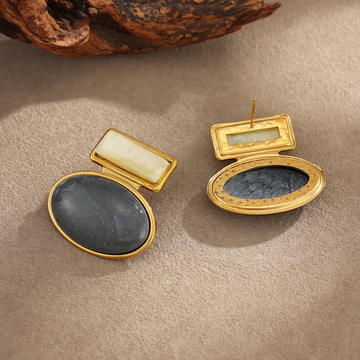 Vintage Geometric Oval Square 18K Gold Plated Stainless Steel Resin Gemstone Earrings for Women