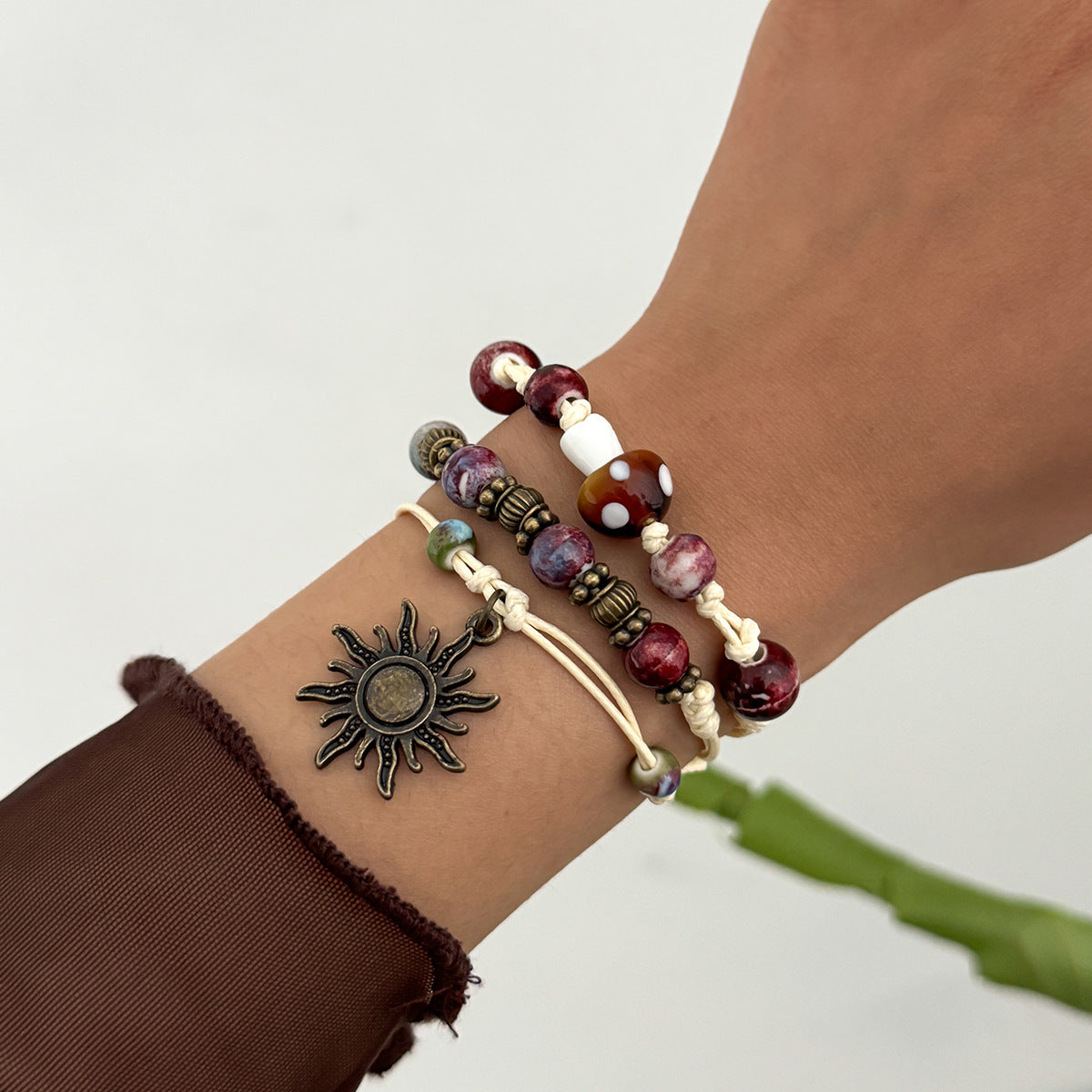 Vintage Ethnic Star-Shaped Alloy Bracelet for Women with Butterfly Mushroom and Botanical Motifs Natural Sun and Star Accents Handmade