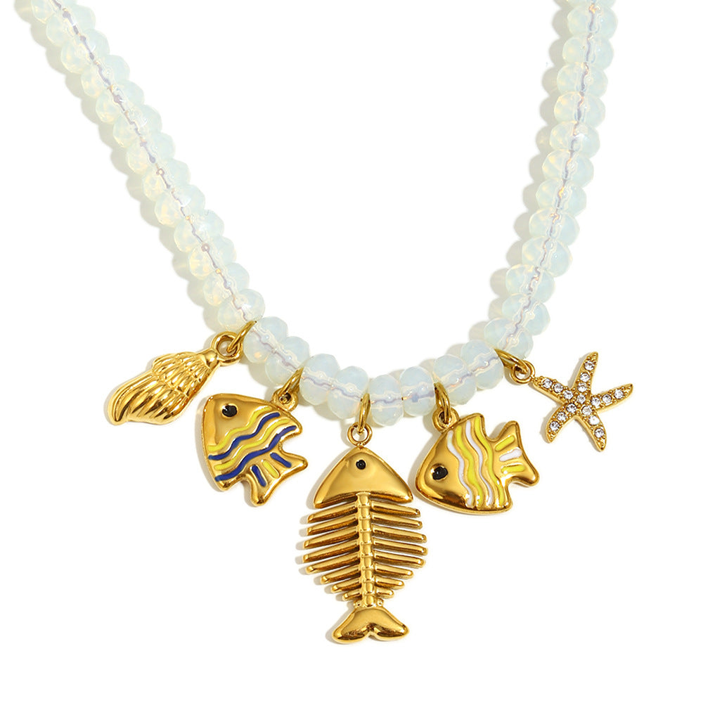 Minimalist Geometric Stainless Steel Plated 18K Gold Opal Ocean Life Pendant Necklace for Women