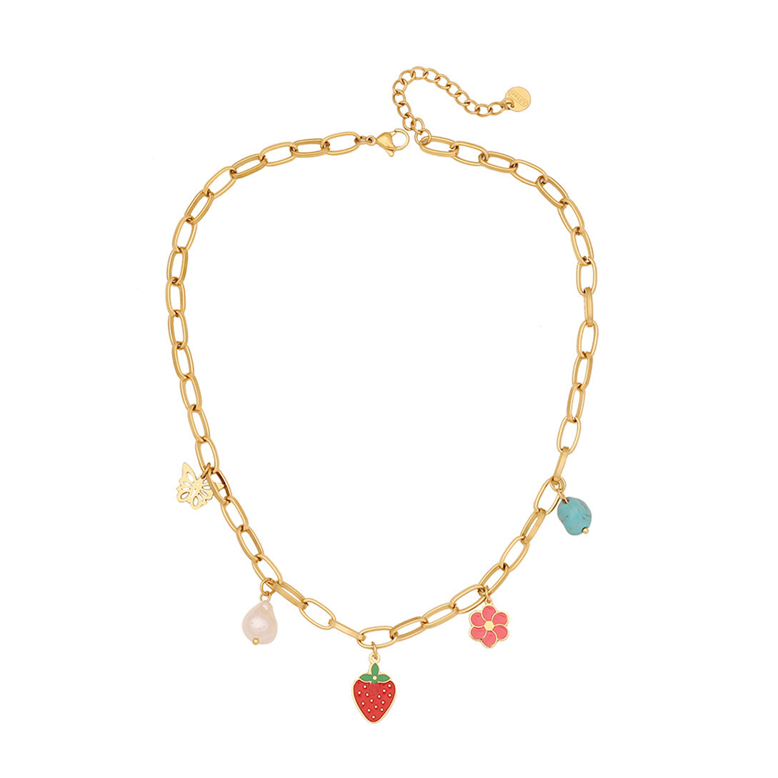Cute Strawberry Pendant Necklace Set for Women with Stainless Steel Chain and Enamel Coating in Fresh Sweet Style