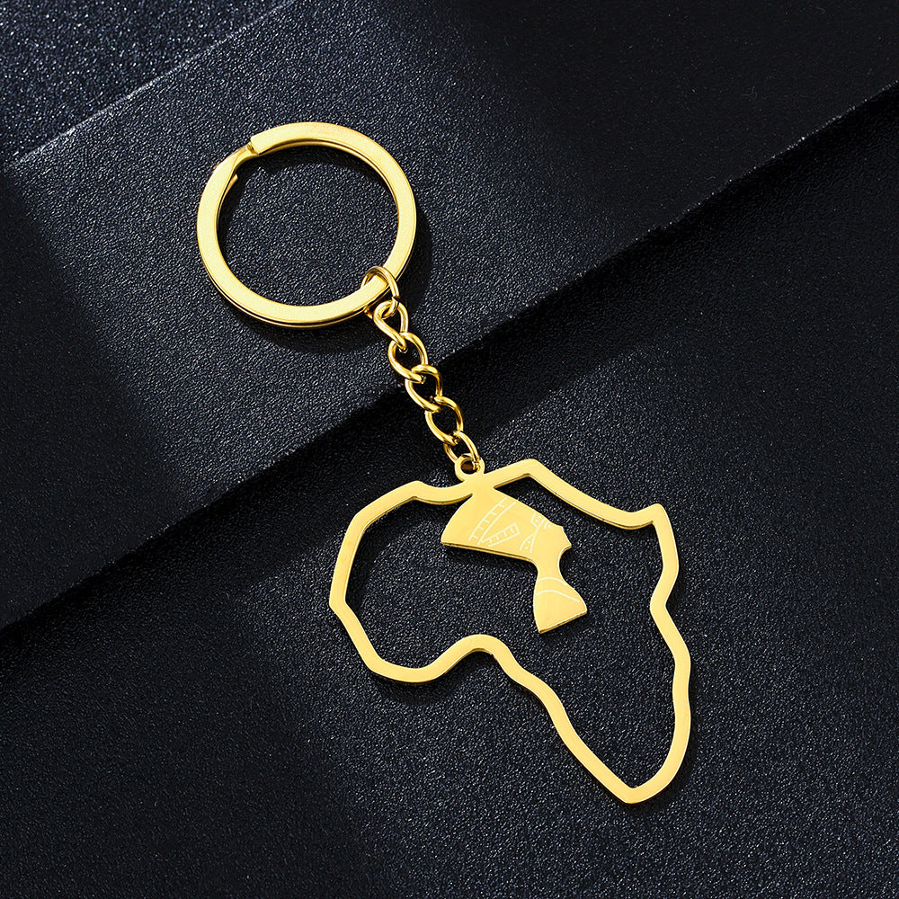 Portachiavi con ciondolo a forma di mappa africana minimalista per donna in acciaio inossidabile placcato oro con design Nefertiti
