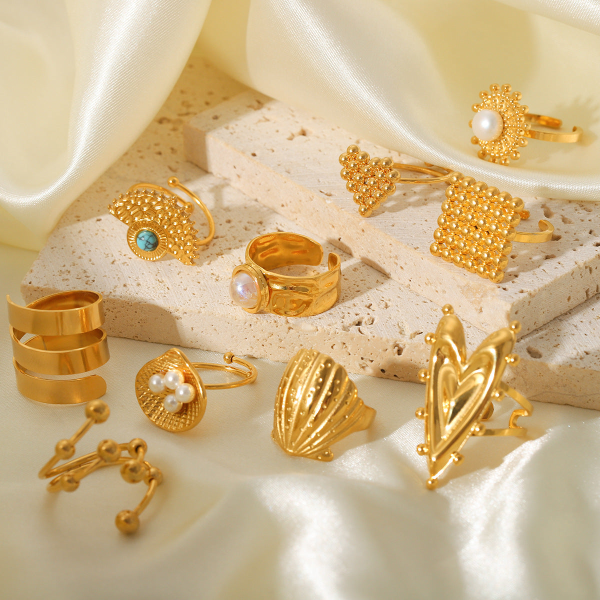 Anello aperto geometrico da donna stile Instagram in acciaio inossidabile con intarsio in perla e conchiglia e finitura placcata