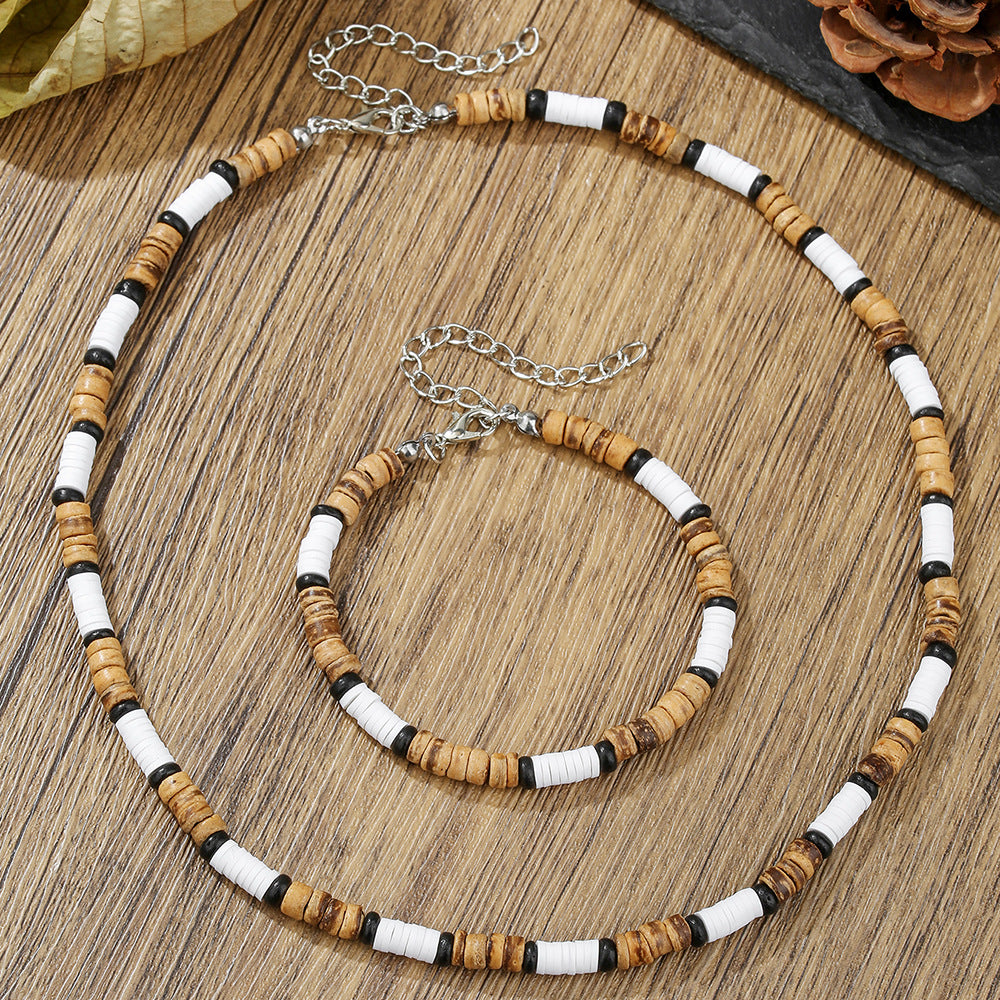 Hip-hop Geometric Round Wood Resin Bracelet Necklace Set with Cable Chain for Unisex