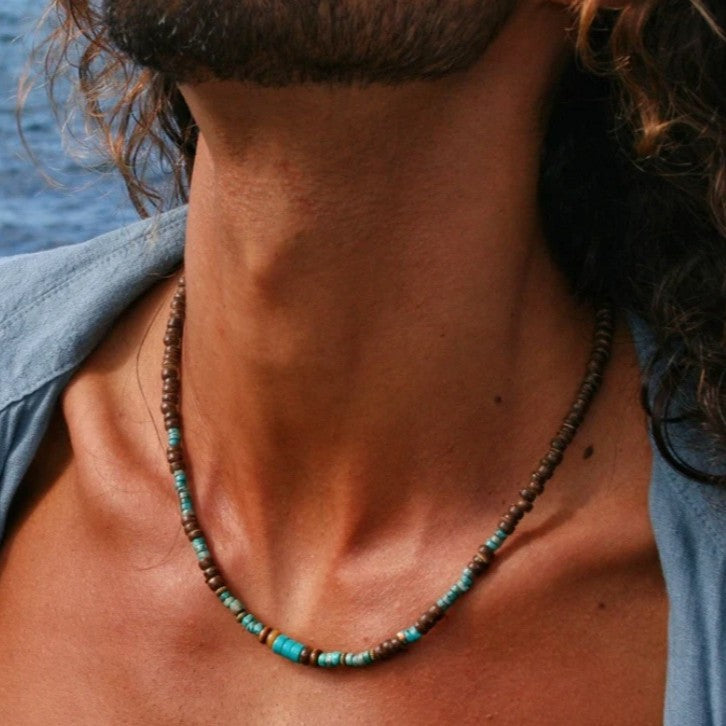 Minimalist Geometric Coconut Shell and Natural Gemstone Spacer Necklace for Men and Women
